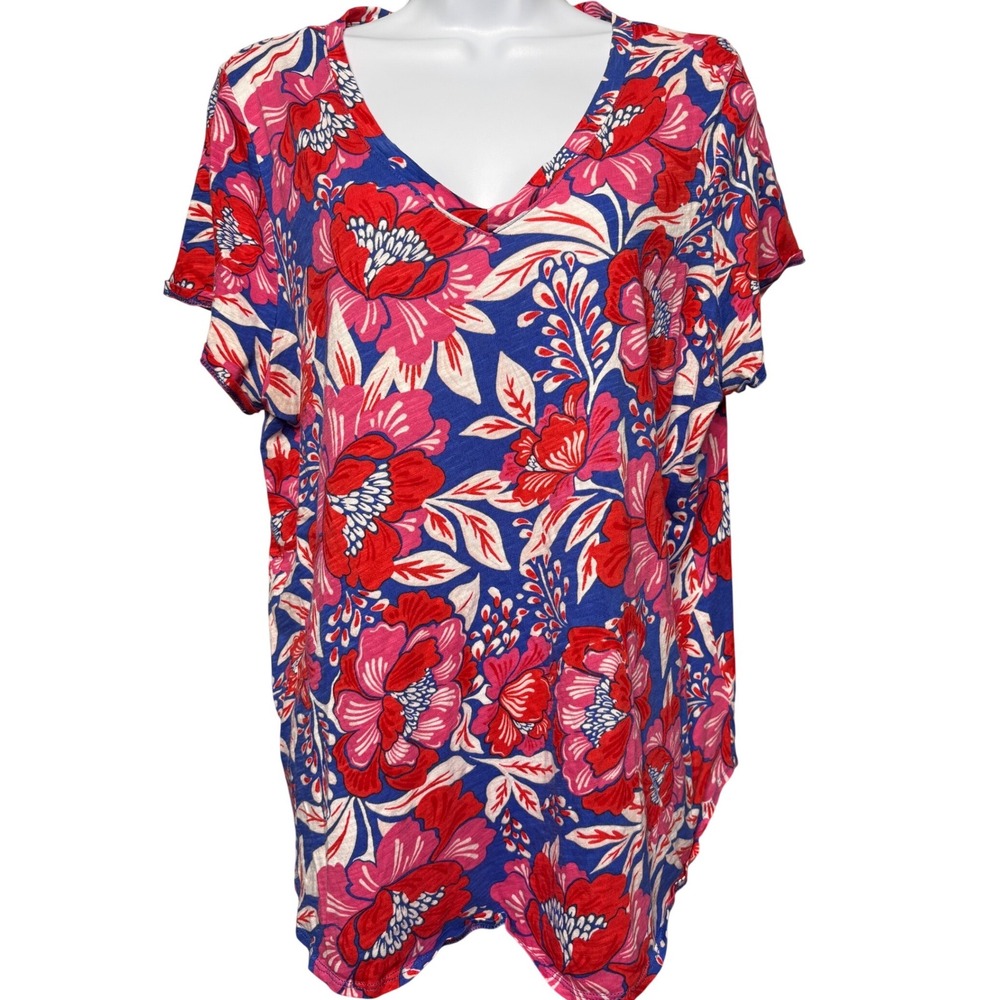 SIGRID OLSEN Womens Blue Red Floral Tropical V-Neck Tunic Top Sz 1X Slub Cotton‎